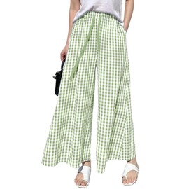 chouyatou Women's Plaid Wide Leg Culotte Pants Gingham High Elastic Waisted Cropped Palazzo Pants with Pockets (Medium, Green)