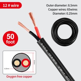 12 Gauge Wire 2 Conductor 12 AWG Electrical Wire Stranded PVC Cord Oxygen-Free Copper Cable 50FT Pure Copper Electrical Wire Cord for LED Lamp Lighting Strips Automotive…
