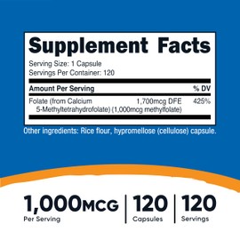 Nutricost Methylfolate 1000mcg, 120 Vegetarian Capsules - Gluten Free, Non-GMO