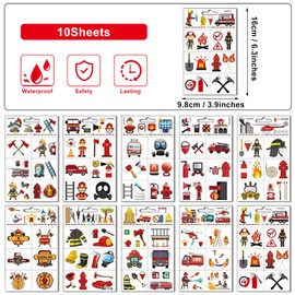 Fire Brigade Tattoo Children, 10 Sheets Children's Tattoos, Skin-Friendly, Temporary Tattoos Stickers for Children, Fireman Cartoon Stickers as Children's Birthday Gifts