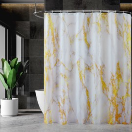 BLESFOREVER Gold White Marble Shower Curtain Set with 12 Hooks, Luxury Abstract White Grey Gold Marble Shower Curtains for Bathroom, Waterproof Fabric, 72" W x 72" L