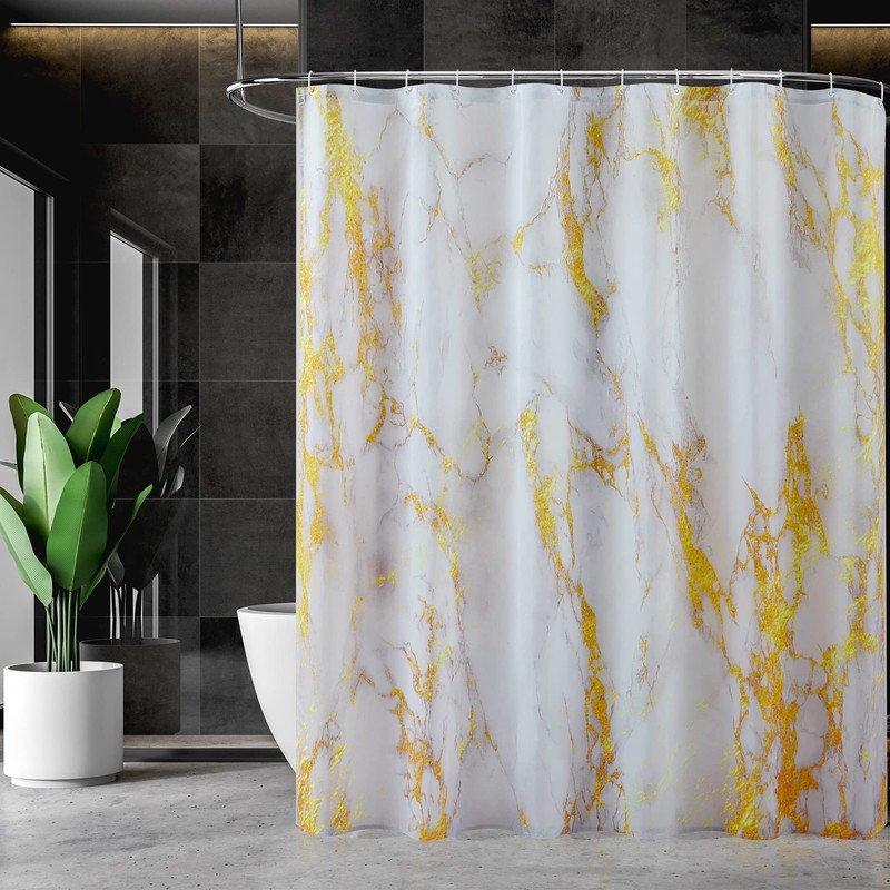 BLESFOREVER Gold White Marble Shower Curtain Set with 12 Hooks,