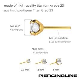 PIERCINGLINE Titanium Labret Attachment with Push Pin Crystal without Labret Stud Piercing Ear Conch Tragus Lip Nose Medusa Choice of Colours and Sizes, Titanium