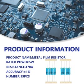 Innfeeltech 15 Pcs 5W 1% Tolerance 470 Ohm Metal Film Resistor Resistance for DIY Project and Experiments