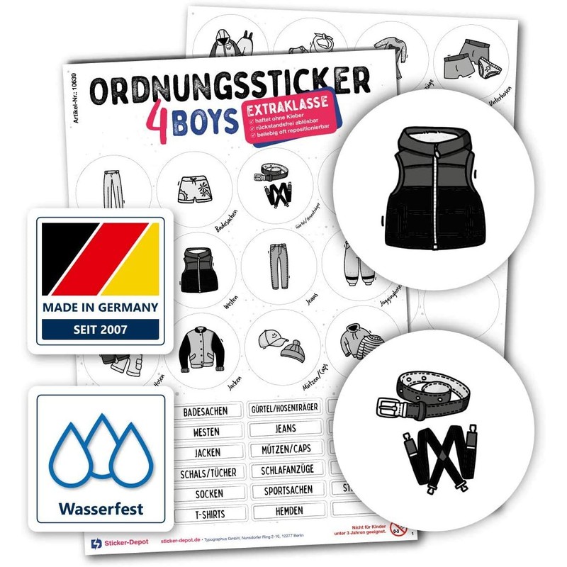 Typographus - 68 child-friendly stickers for clothes - for wardrobes,