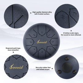 Sovvid Steel Tongue Drum, 6 Inch 8 Tones Tongue Drum with Bag, Drumsticks, Mallet Holder, Fingerpicks and Music Book, Handpan Drum for Early Musical Education, Zen Meditation Yoga (Navy Blue)