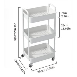 Sywhitta 3-Tier Plastic Rolling Utility Cart with Handle, Multi-Functional Storage Trolley for Office, Living Room, Kitchen, Movable Storage Organizer with Wheels, White