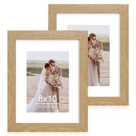 Hongkee 8x10 Picture Frame Set of 2, Made of Real Glass and Natural Oak Wooden Frame - Display Picture 5x7 with Mat or 8x10 Without Mat, 8 by 10 Photo for Wall or Tabletop