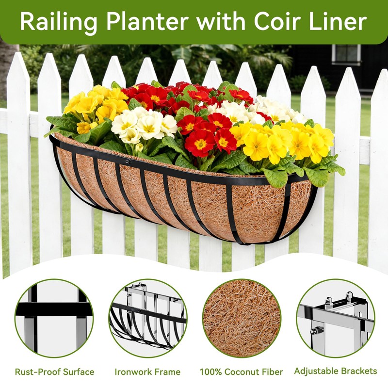 Halatool 24 Inch Railing Planter Box, 2 Pack Trough Planter