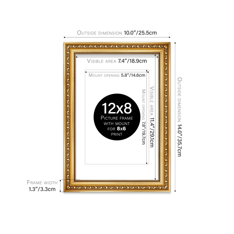 12x8 Gold Ornate Photo Frame With White Mat For 8x6