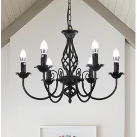 AUA 6-Light Black Chandelier, 22.8" Dining Room Light Fixture, Farmhouse Modern Industrial Chandelier, Height Adjustable Matte Black E26 Candle Pendant Light for Living Room, Kitchen, Bedroom, Foyer