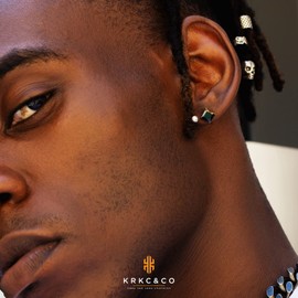 KRKC&CO Men Stud Earrings, 925 Sterling Silver, 14K Gold Iced Out Cz Diamond Black Onyx With Roman Numerals, Hypoallergenic, Stylish Hip Hop Street-Wear Look for Men Women (A-Black Gold 6mm)