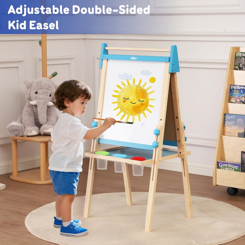 Belleur Wooden Art Easel for Kids 2+, Adjustable Double Sided