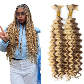 Tuheerst P4/613 Highlight Brown Boho Braids Human Hair Extension Blonde No Weft Deep Wave 50g/Bundle Total 100g Unprocessed Human Braiding Hair For Women 16 16 Inch