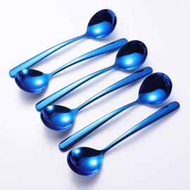 Soup Spoons 6-Pack 18/10 Stainless Steel Large and Heavy Duty Round Spoons Elegance Series 7 Inch Long 1.9 Ounces Weight by IRONX(blue soup spoons)