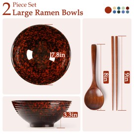 NUTRIUPS 8 Inch Ceramic Ramen Bowl Set of 2 Pho Bowls 40oz Japanese Noodle Udon Soup Bowls with Spoons and Chopsticks (Lava Burst Red)