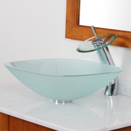 Bathroom Frosted Glass Vessel Sink & Chrome Waterfall Faucet Combo