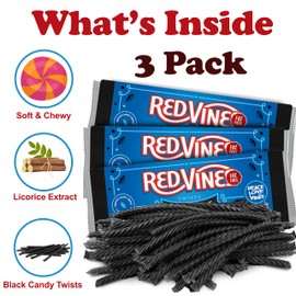 RedVines Black Licorice Twists Chewy Candy, 3 Pack, Original Fat Free Licorice, Soft Black Licorice Flavor Candy Movie Tray, Bulk Black Licorice Party Candy, 5 oz. Each