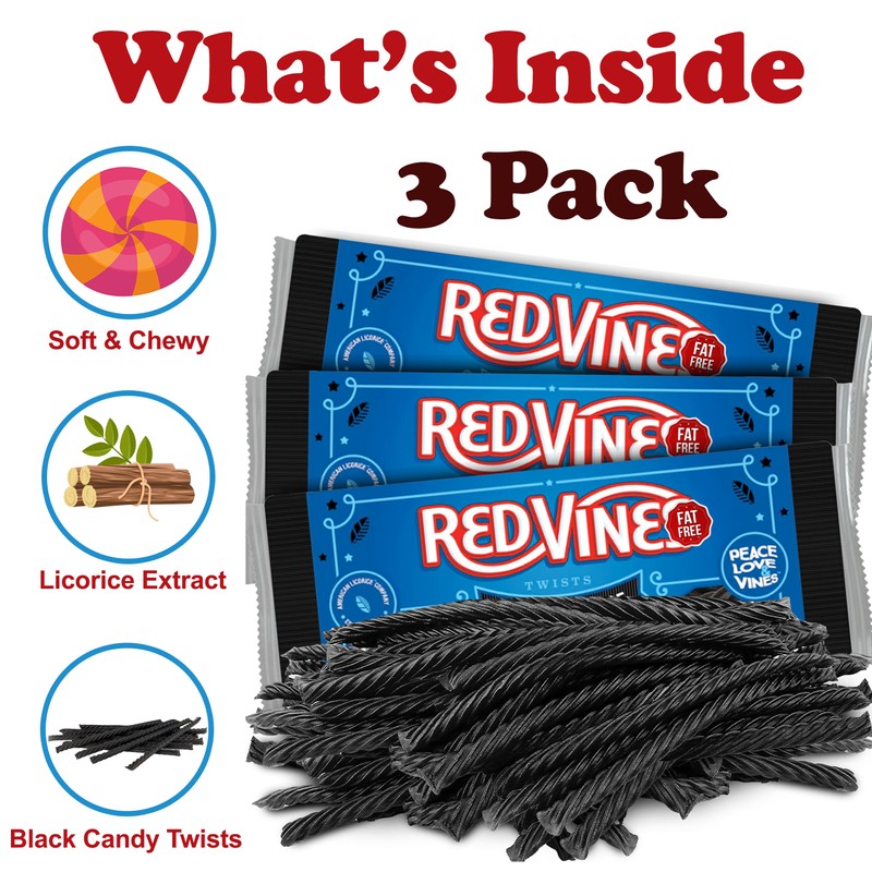 RedVines Black Licorice Twists Chewy Candy, 3 Pack, Original Fat