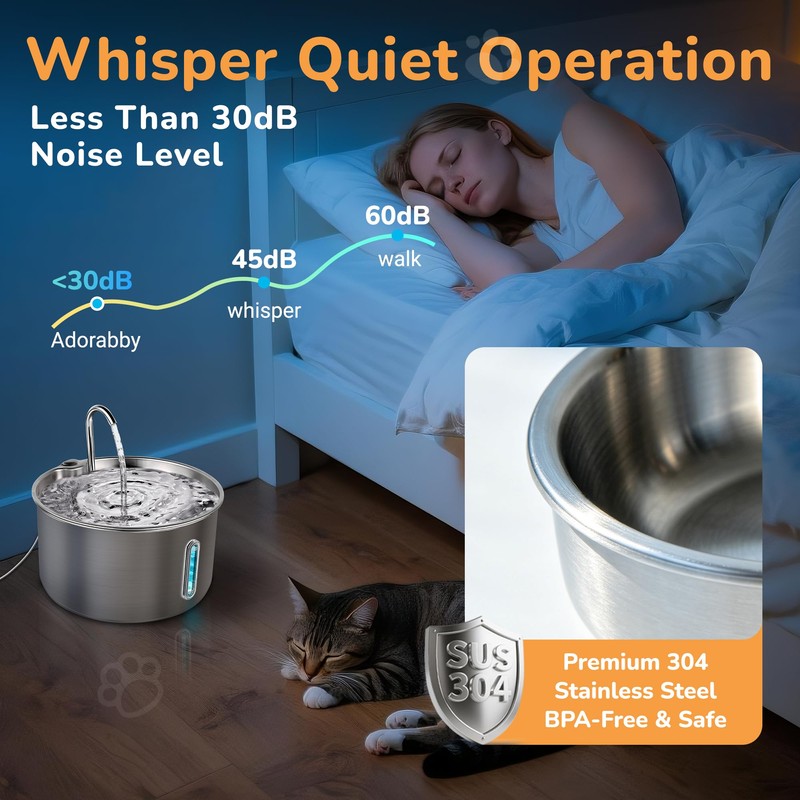 Adorabby Stainless Steel Cat Water Fountain, 135oz/4L, Ultra-Quiet