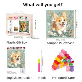 DIY Latch Hook Pillow Kits for Adults Welsh Corgi Dog Running in Flowers Printed Pillowcase Crochet Yarns Hooking Handmade Pillow Cover Cushion for Home Sofa Decoration 17x17inch-3