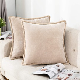 decorUhome Farmhouse Decorative Throw Pillow Covers Set of 2 Trimmed Edge Velvet Cushion Cases for Couch Living Room, Light Tan, 22x22 inch