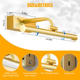 Brass Wall Light Fixture, Battery Operated Picture Light with Remote and Timer, 14in Wireless Gallery Lights Dimmable Rechargeable Art Lights for Paintings Display Lighting