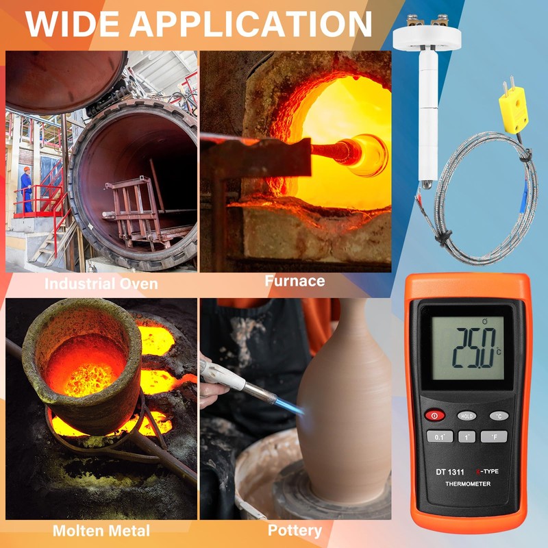 Relaxweex Kiln Thermometer Full Range High Temperature Pyrometer K-Type Thermocouple