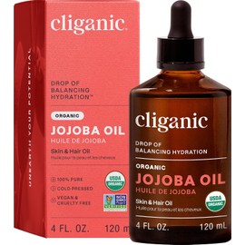 Cliganic Aceite de Jojoba Orgánico 100% Puro, Prensado en Frío 120 ml (4 fl. oz.) USDA Organic Hidratante para Piel, Cabello y Rostro Vegano Cruelty Free Jojoba dorada sin refinar, retiene todos sus nutrientes naturales; no comedogénico; tamaño ideal para
