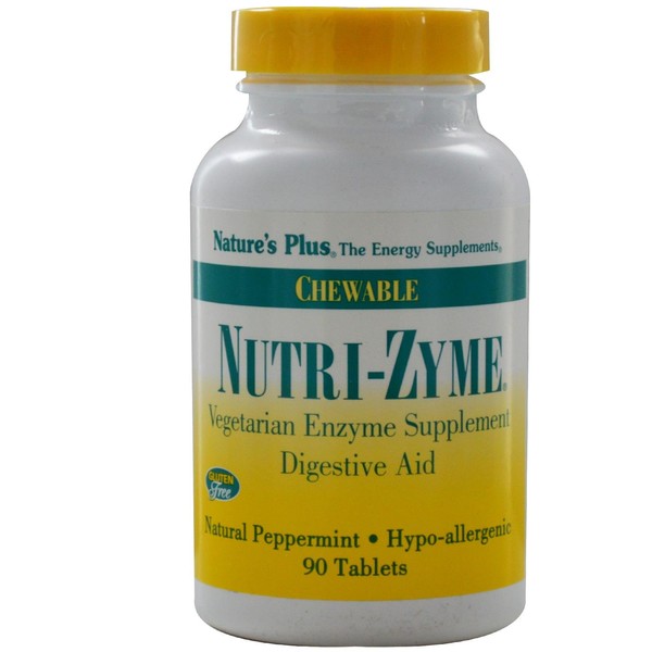 NaturesPlus Nutri Zyme - 90 Chewable Tablets, Peppermint Flavor - Vegetarian Enzyme Supplement with Bromelain & Papain, Natural Digestive Aid - Gluten-Free - 45 Servings