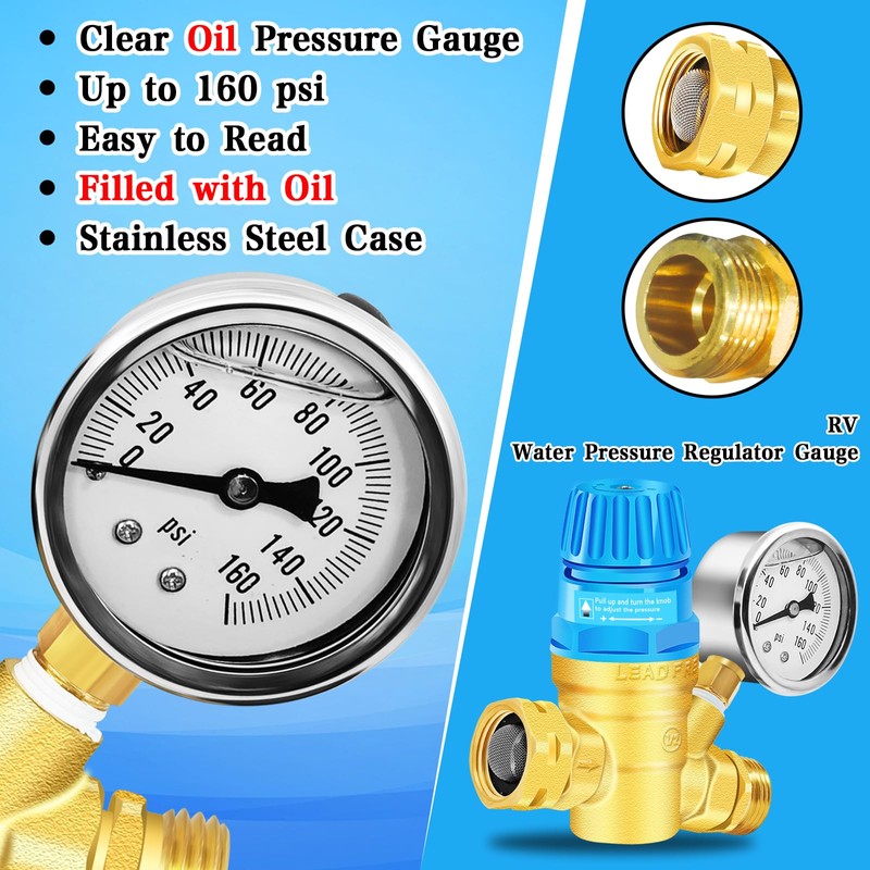 Upgraded RV Water Pressure Regulator, Water Pressure Regulator with Adjustable