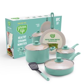 GreenLife 8 Piece Nonstick Cookware Set, Non-Toxic PFAS-Free Ceramic Pots & Pans, Dishwasher & Oven Safe, Frying, Sauce, Stock Pot, Glass Lids, Stay-Cool Handles, Wobble Free, Turquoise