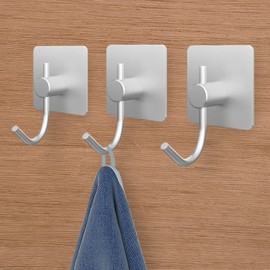 VAEHOLD 4PACk Wall Hooks, Heavy Duty Sticky Holder Waterproof Aluminum Towel Hooks for Hanging Coat, Hat, Key, Clothes, Closet Hook Wall Mount for Kitchen, Bathroom, Office（Silvery）