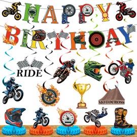 Motorcycle Dirt Bike Birthday Party Decoration for Boys Kids Motorcycle Motocross Dirt Bike Theme Happy Birthday Banner Hanging Swirls Honeycomb Centerpiece Table Decor for Racing Party Supplies