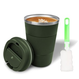 LSXD Termo para Café 13 Oz/380ml, Taza Termica Acero Inoxidable de Doble Pared Aislada al Vacío, Vaso Térmico de Viaje Fría y Caliente con Tapa Hermética y Cepillo de Limpiezar,Verde
