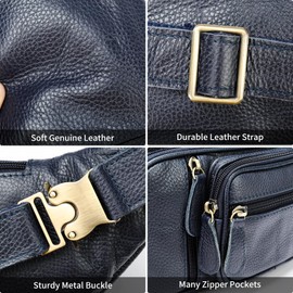 Riñonera grande de piel auténtica, impermeable, de alta calidad, bandolera, Azul oscuro, Large