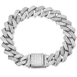 Silver Dog Chain, Diamond Cuba Link Dog Collar Metal Dog Necklace Cat Chains Pet Crystal Collars Jewelry for Small Medium Large Dogs Cats, 14-inch