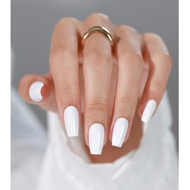 Pure White Coffin Press on Nails Medium - GJZEZ Soft Gel Ballerina Glossy Square False Nail, Natural Fit Won't Chip Acrylic Glue on Nail for Women | 16 Sizes - 32 pcs Reusable Nails, Classy White