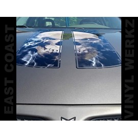 Hood Decals - Racing Stripes - Skull in Black fire with Pinstripe - 2 pc Set - for: Ford Chevy gmc Pontiac Camaro Mustang car Truck 4x4 (Split Skull 2 pc Set)