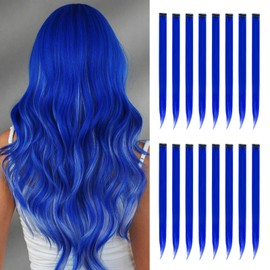 HappClan Blue Hair Extensions, 16 Pcs Colorful Highlights Clip in Hair Extensions Synthetic, 22 inch Rainbow Hairpieces for Girls Women Kids Favor Gift & Dress Up Fashion Party Birthday (Blue Hair)