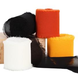 TONIFUL 4 Rolls Black & Orange Chiffon Ribbon 1 1/2 inch× 5.5 Yards Ribbon Fabric Silk Ribbon for Gift Wrapping Wedding Party Decoration Flower Bouquet Wrapping Bows Making DIY Crafts