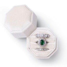 NicGor Velvet Ring Box Three Slots, Gift for Proposals Engagement and Wedding Band Photographs - Triple Octagon Jewelry Ring Boxes (Ivory)