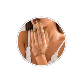 Wendalern Punk Finger Claw Chain Bracelet Long Finger Tip Ring Bracelet Gold Hand Chain Bracelet with Finger Nail Claw Vintage Slave Hand Harness Bracelet Costume Jewelry for Women and Girls