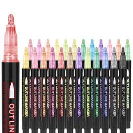 Marcadores de contorno de doble línea, juego de 24 colores Super Squiggles Shimmer Outline Rotuladores metálicos con purpurina para tarjetas de felicitación de cumpleaños, manualidades de manualidades, garabatos