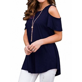 Afibi Womens Cold Shoulder Half Sleeve Swing Tunic Tops for Leggings (XX-Large, A-Navy Blue)