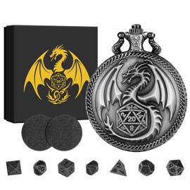 BYRRSF Mini DND Dice Set, Steampunk Dragon Pocket Watch Case, 7 Pieces Polyhedral Metal D&D Dice Set, DND Gifts with Gift Box, Role Play Board Games Accessories, Silver