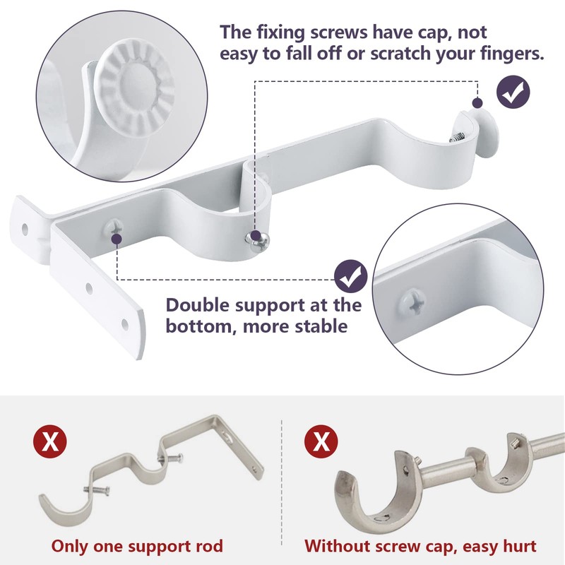 Double Curtain Rod Bracket, Heavy Duty Curtain Rod Holders, White