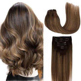 LIZ Hair Human Hair Extensions, 120g 7pcs Balayage Chocolate Brown to Caramel Blonde Hair Extensions Straight Remy Hair Extensions Clip in Human Hair 22 Inch Hair Extensions