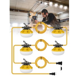 HYPERLITE 50FT Construction String Lights: 5 Bulbs with Climbing Hooks Work Lights - IP65 Waterproof Linkable LED Industrial Temporary Lighting for Construction Sites Attic Crawlspace Renovation