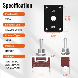 RVBOATPAT Heavy Duty Waterproof Toggle Switch 12V DC 30A 2 Pin SPST ON/Off Toggle Switch with Mounting Panel for Marine Boat Automotive